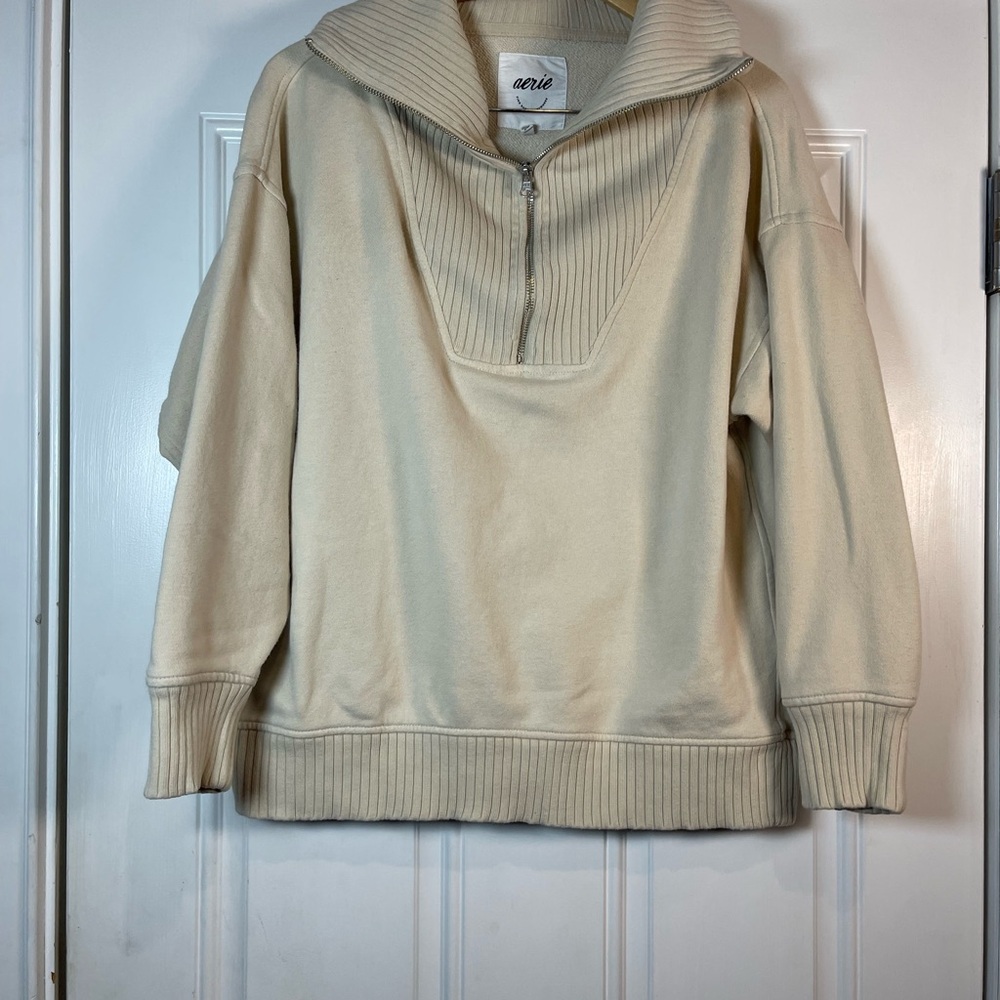 Aerie Oversized Beige Quarter Zip Women’s Size Small - Picture 5 of 7